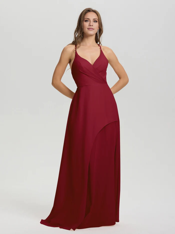 Shoulder strap V-neck backless long chiffon formal and floor length Bridesmaid dresses