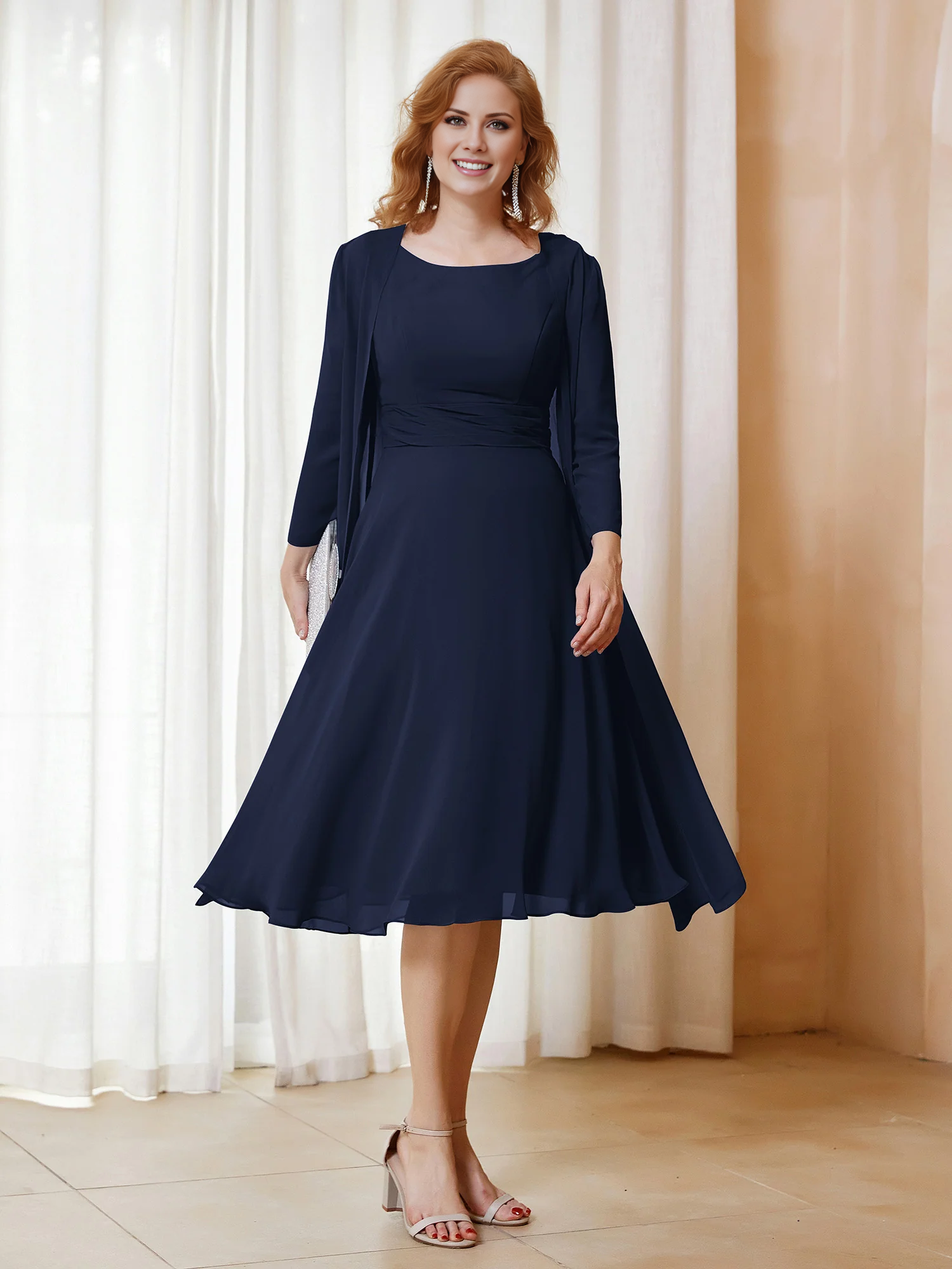 Dusty Blue Chiffon A-Line Tea-Length Evening Gown with Sheer Jacket