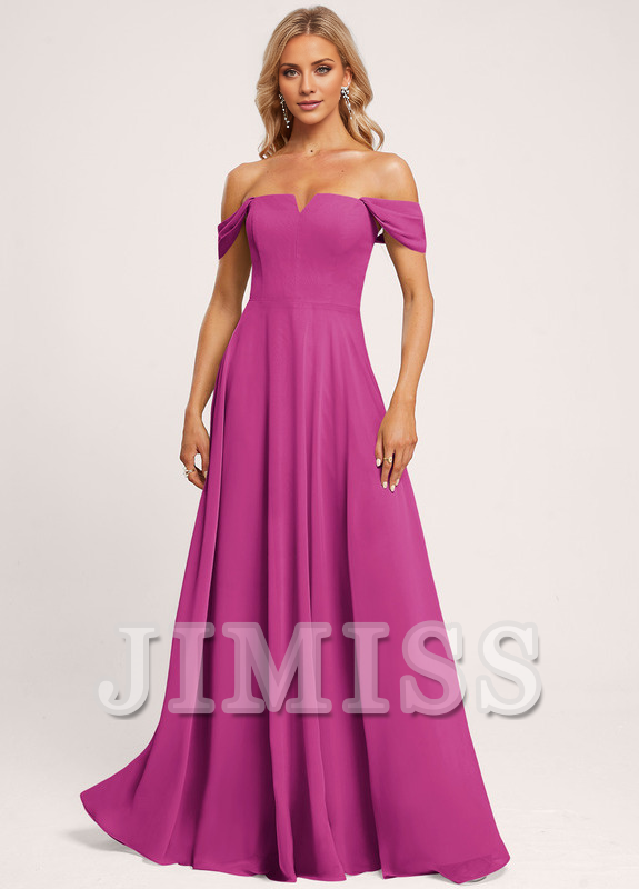 Abito da damigella d'onore in chiffon a trapezio, con spalle scoperte e lunghezza fino al pavimento