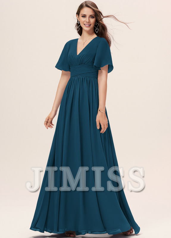 Vestido de dama de honor de gasa con volantes, escote en V y largo hasta el suelo