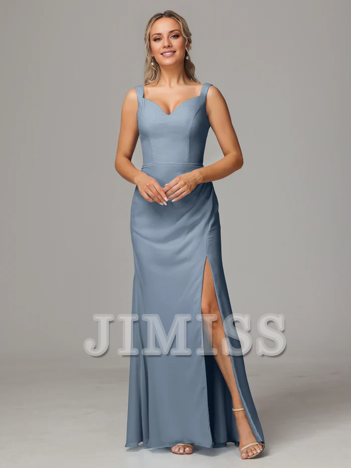 Vestido de dama de honor de gasa con escote en V, abertura, sin mangas y hombros descubiertos