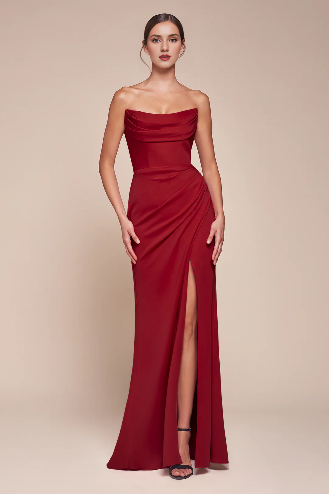 Burgundy Crepe Cowl Neck Sheath Floor-Length Dress with High Slit - Elegant Evening & Prom Gown