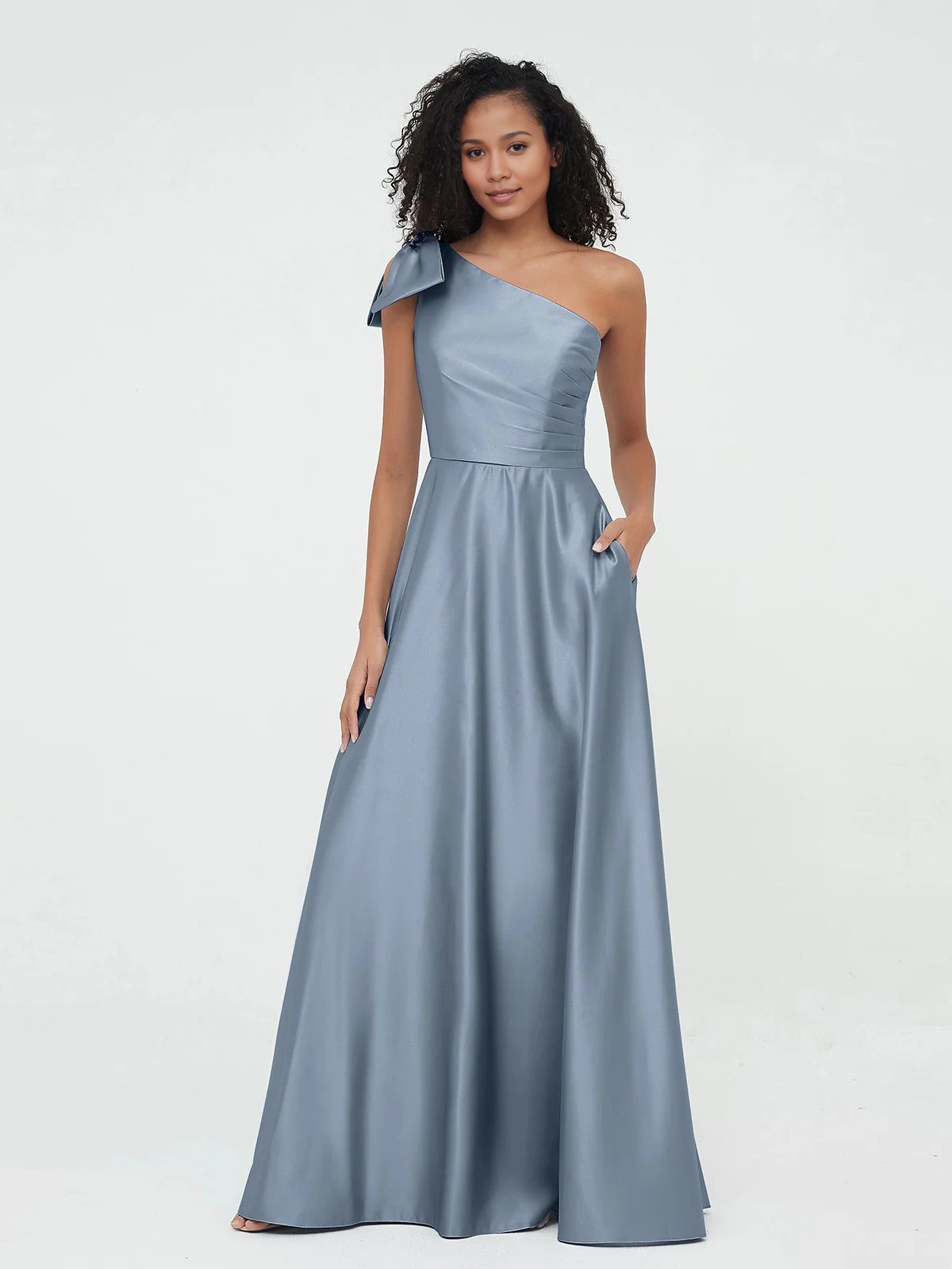 Sky Blue Satin A-Line Floor-Length One Shoulder Bridesmaid Dress