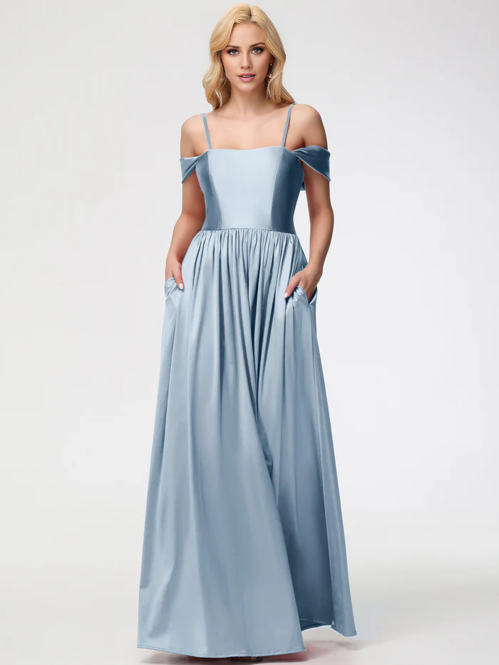 Vestido de fiesta Jimiss de satén con hombros descubiertos y largo hasta el suelo