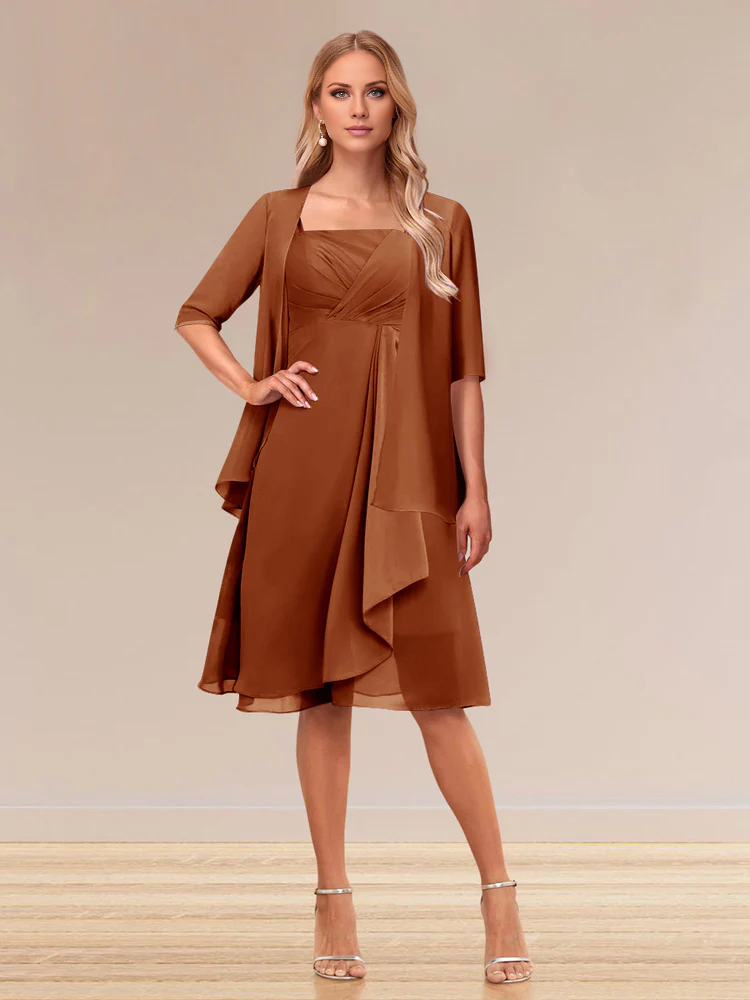 Dusty Rose Chiffon A-Line Tea-Length Mother of the Bride Dress with Pleated Bodice