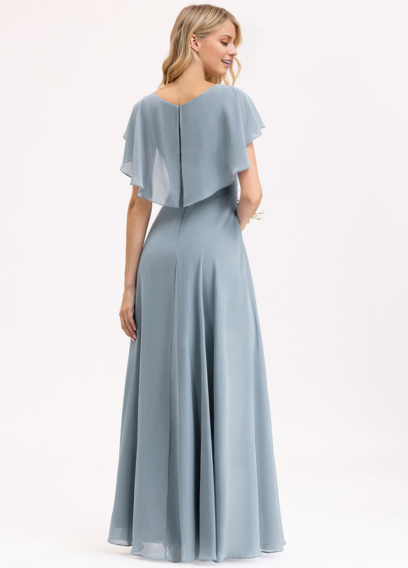 Vestido de dama de honor de gasa con escote en V, volantes escalonados y largo hasta el suelo