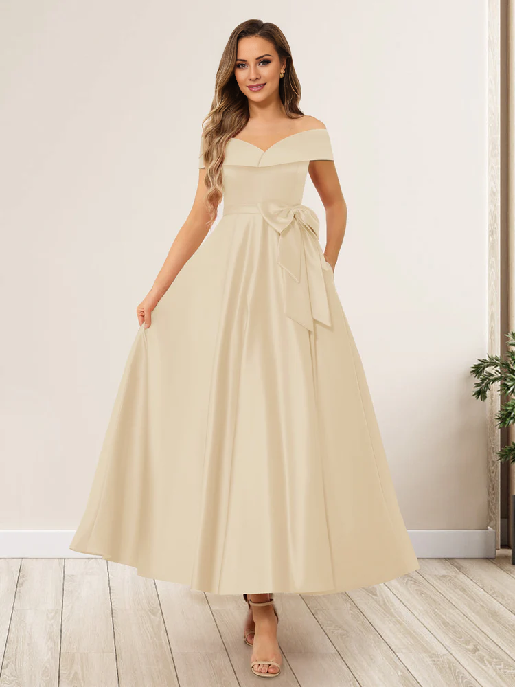 Burgundy Off-the-Shoulder A-Line Tea-Length Bridesmaid Dress