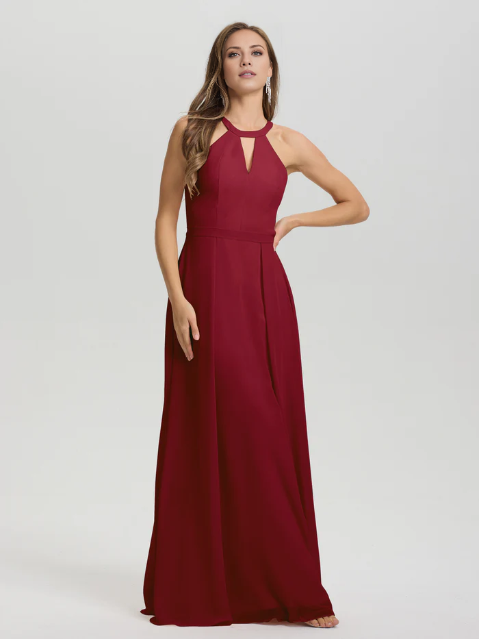 A-line keyhole collar sleeveless chiffon and floor length bridesmaid dress