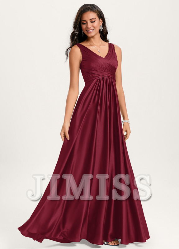 Vestido de dama de honor de satén con volantes, escote en V y largo hasta el suelo