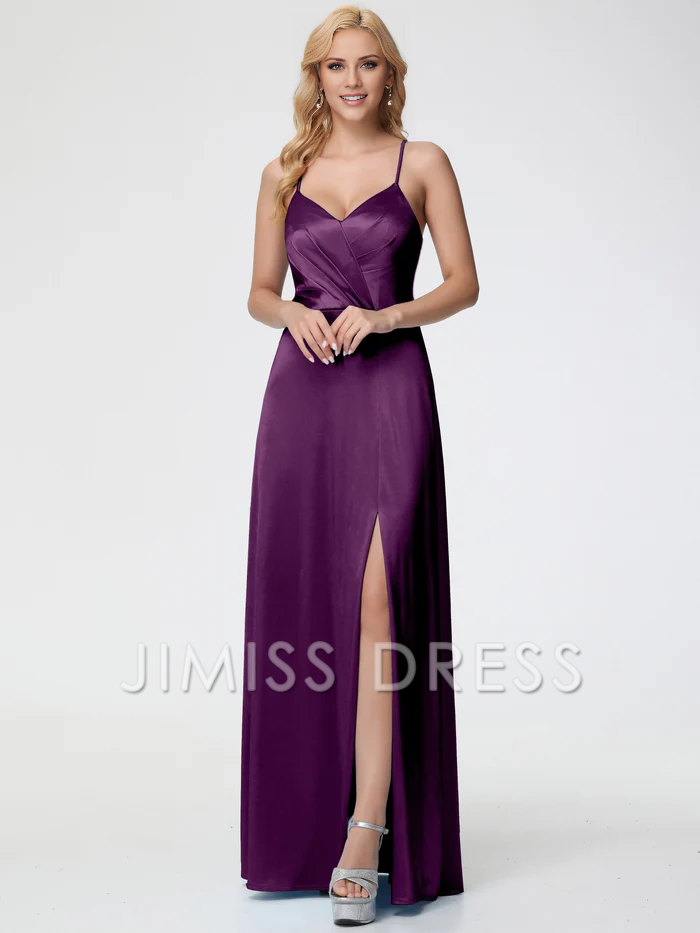 Vestido de fiesta Jimiss de satén con escote en V, tirantes finos, plisado, espalda descubierta y abertura