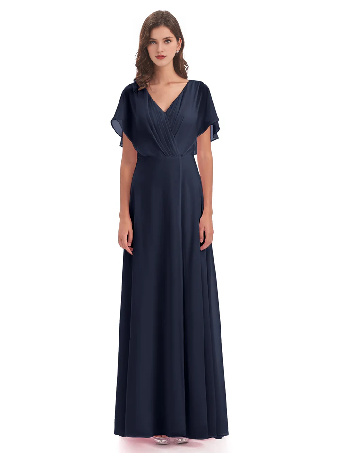 Burgundy Chiffon A-Line V-Neck Floor-Length Bridesmaid Dress with Pleated Bodice and Flutter Sleeves