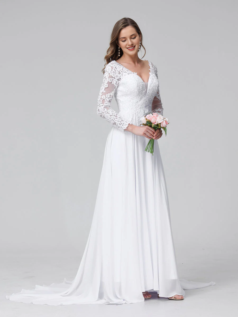 White Chiffon A-Line Floor-Length Dress with V-Neck & Lace Long Sleeves
