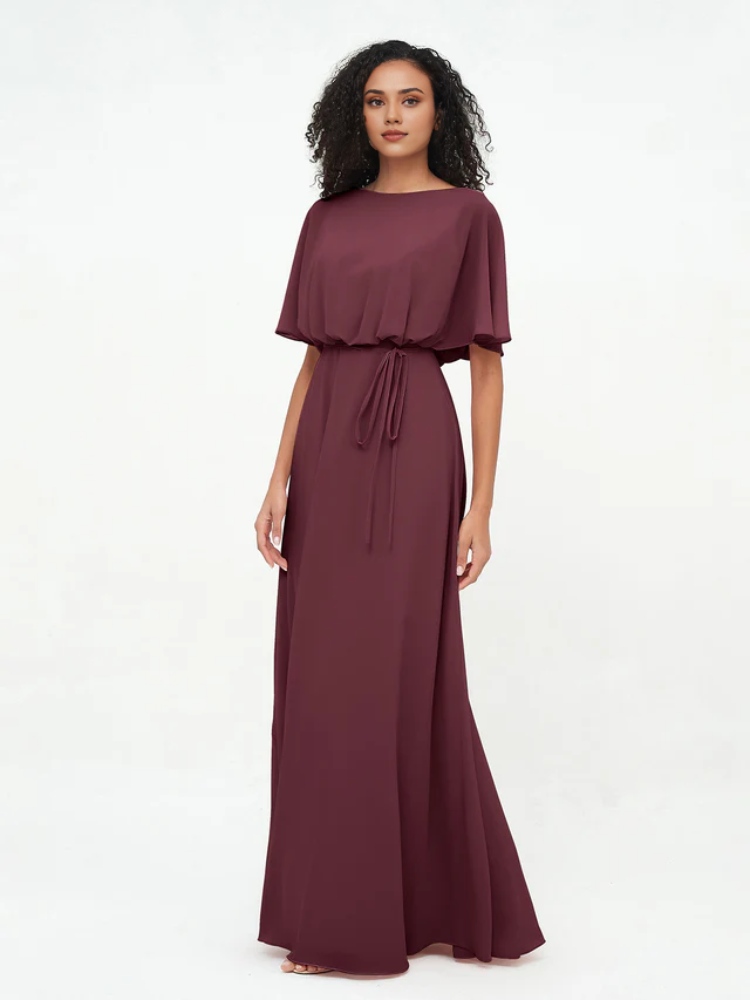 Olive Green Chiffon A-Line Floor-Length Bridesmaid Dress with Draped Bodice & Drawstring Waist