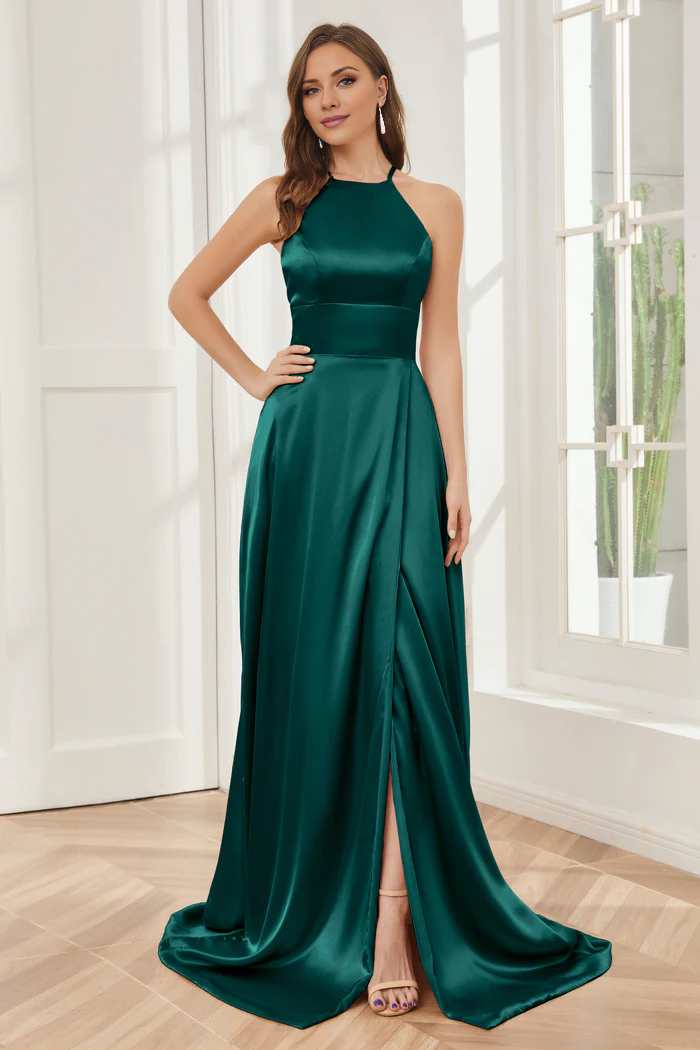 Vestido de dama de honor largo hasta el suelo de satén suave con escote de columna