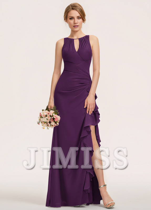 Vestido de dama de honor de gasa con escote redondo y corpiño con volantes escalonados