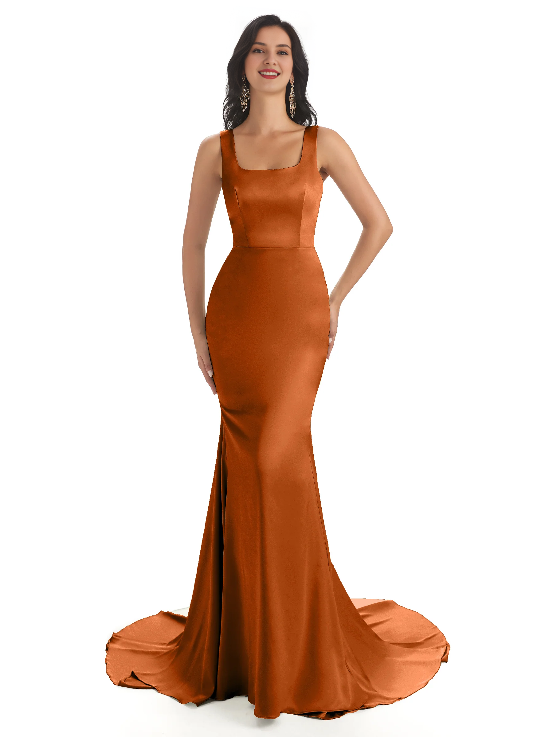 Vestido de dama de honor de satén suave, único, con escote cuadrado y cola de pez extra largo