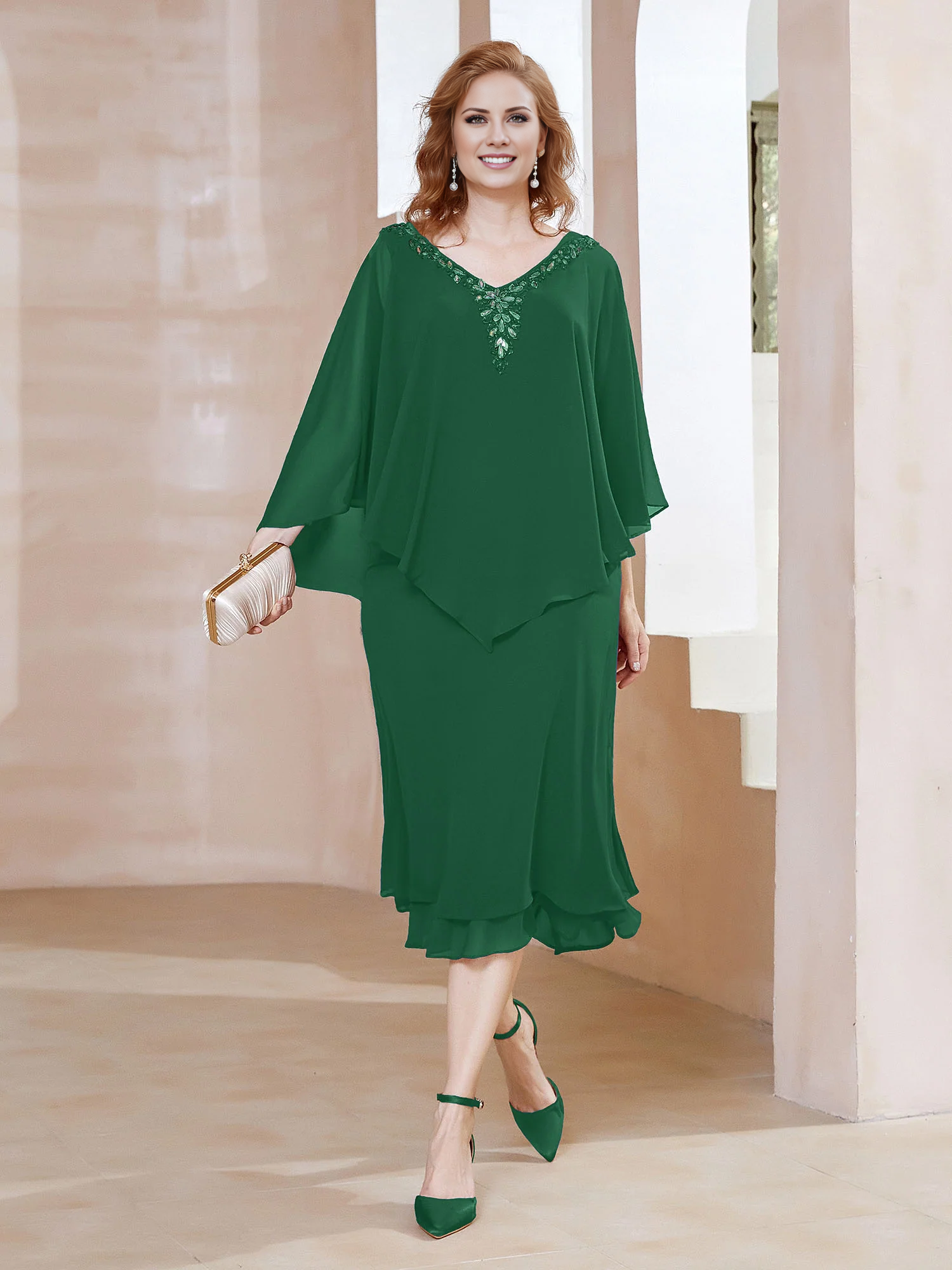 Olive Green Chiffon Knee-Length Dress with Cape Overlay & Beaded V-Neck