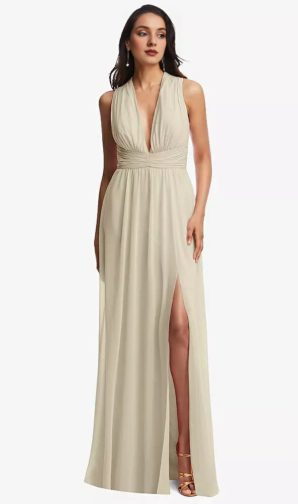 Vestido de fiesta largo de gasa con escote en V profundo y espalda descubierta en crepé paralelo