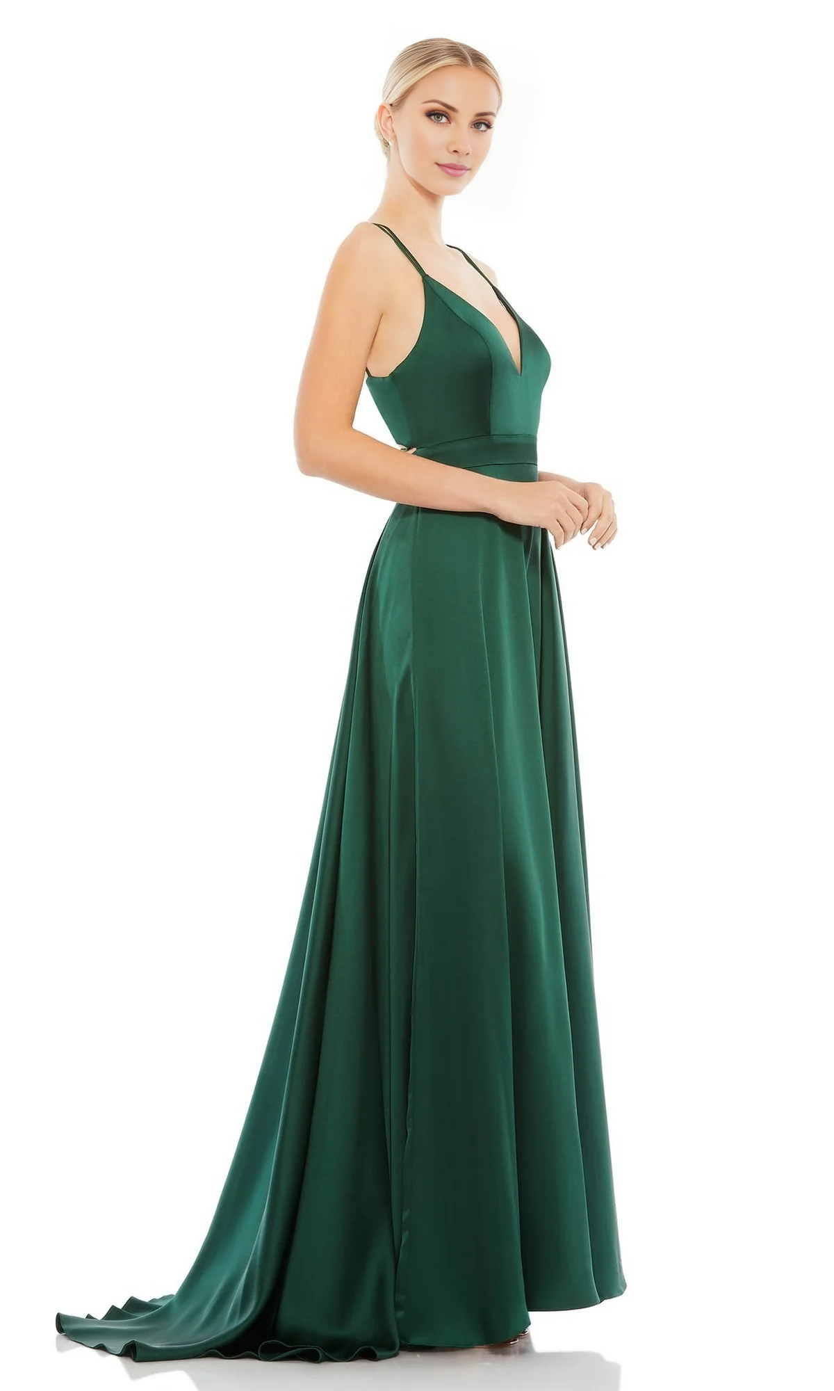 Sky Blue Satin A-Line Floor-Length Dress with V-Neck and High Slit