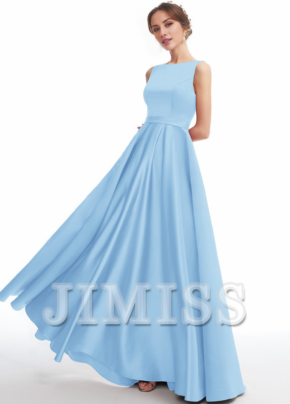 Abito da damigella d'onore in raso a trapezio con scollo a barchetta e lunghezza al pavimento