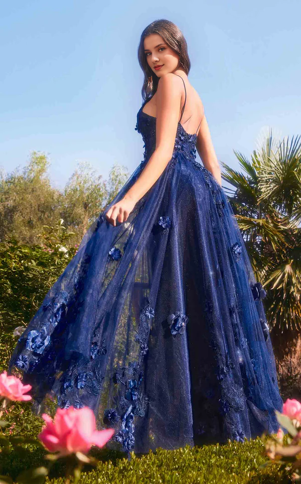 Abito da ballo a trapezio con spalline sottili in chiffon con decalcomania floreale 3D