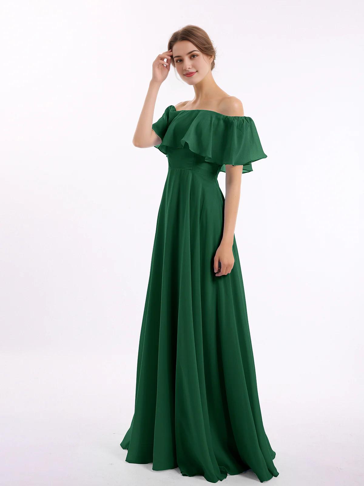 Sage Green Chiffon A-Line Off-the-Shoulder Floor-Length Bridesmaid Dress