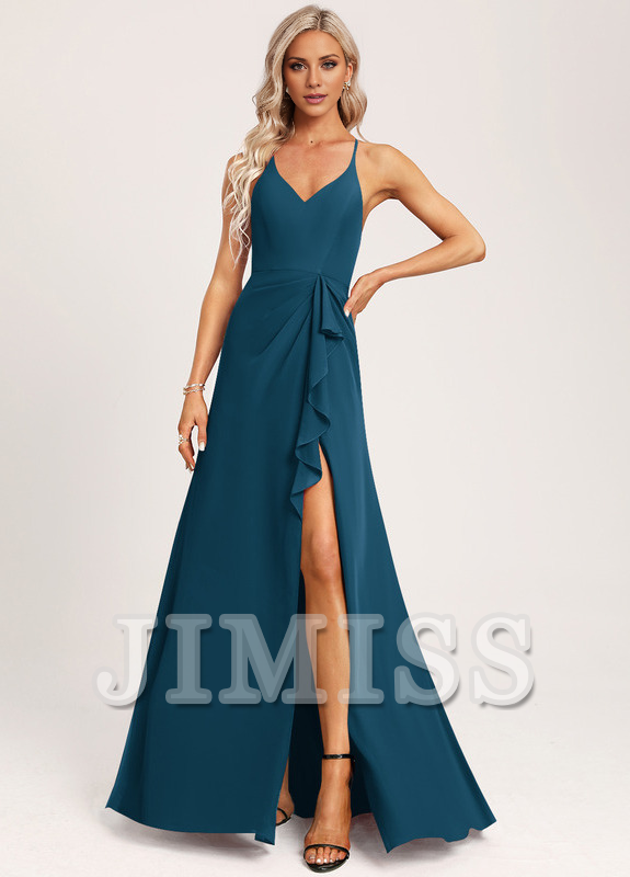 Vestido de dama de honor de gasa con escote en V y corte A