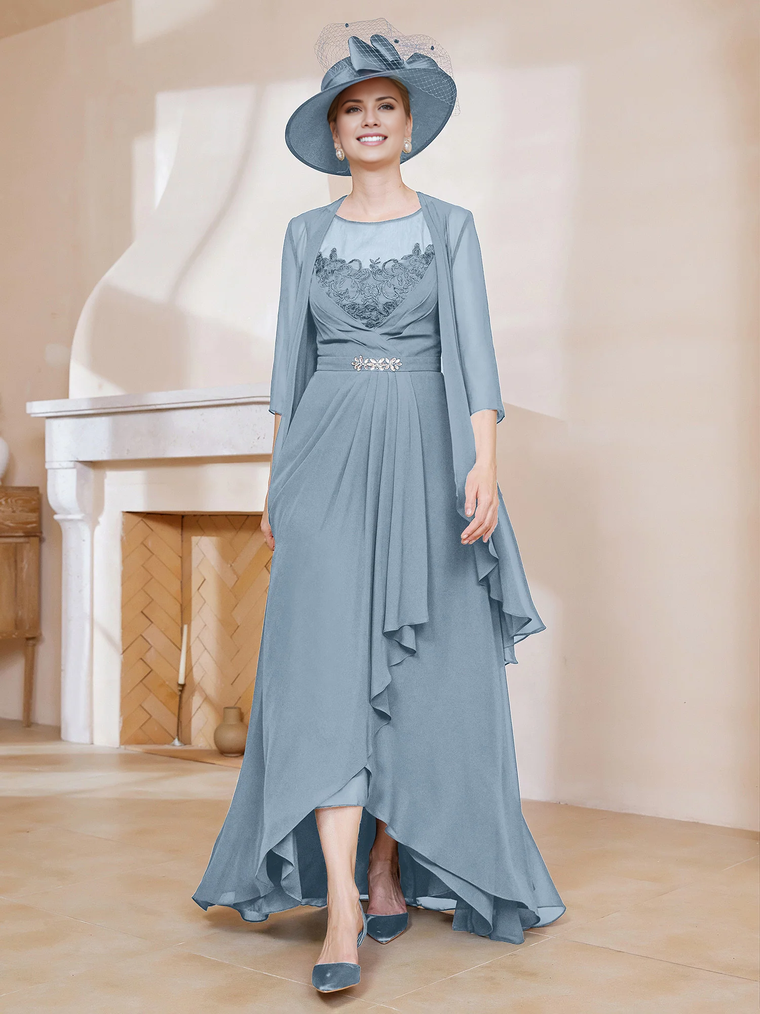Illusion Neck Dark Navy Chiffon A-Line High-Low Dress with Draped Skirt