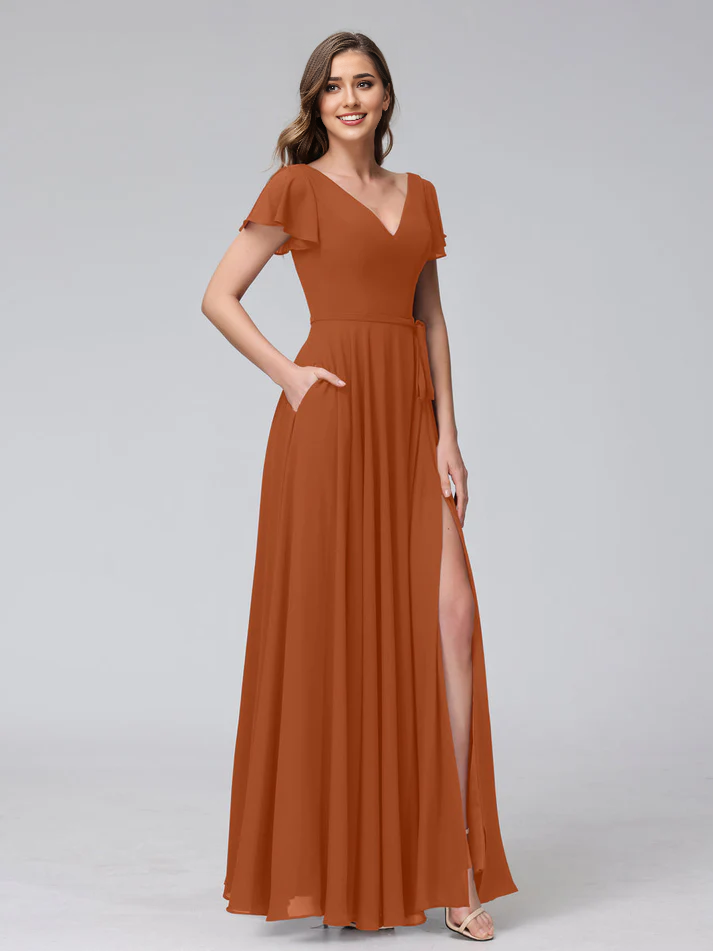 Satin Short-Sleeve V-Neck Ruched Bodice High-Slit A-Line Floor-Length Burgundy Romantic Bridesmaid Dress