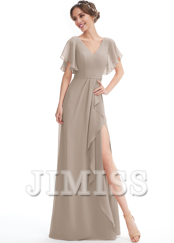 Vestido de dama de honor de gasa con volantes, escote en V y largo hasta el suelo