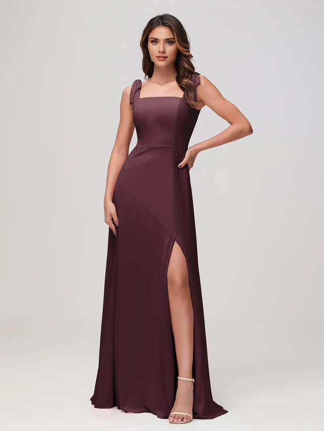 Olive Green Chiffon A-Line Floor-Length Bridesmaid Dress with Square Neck