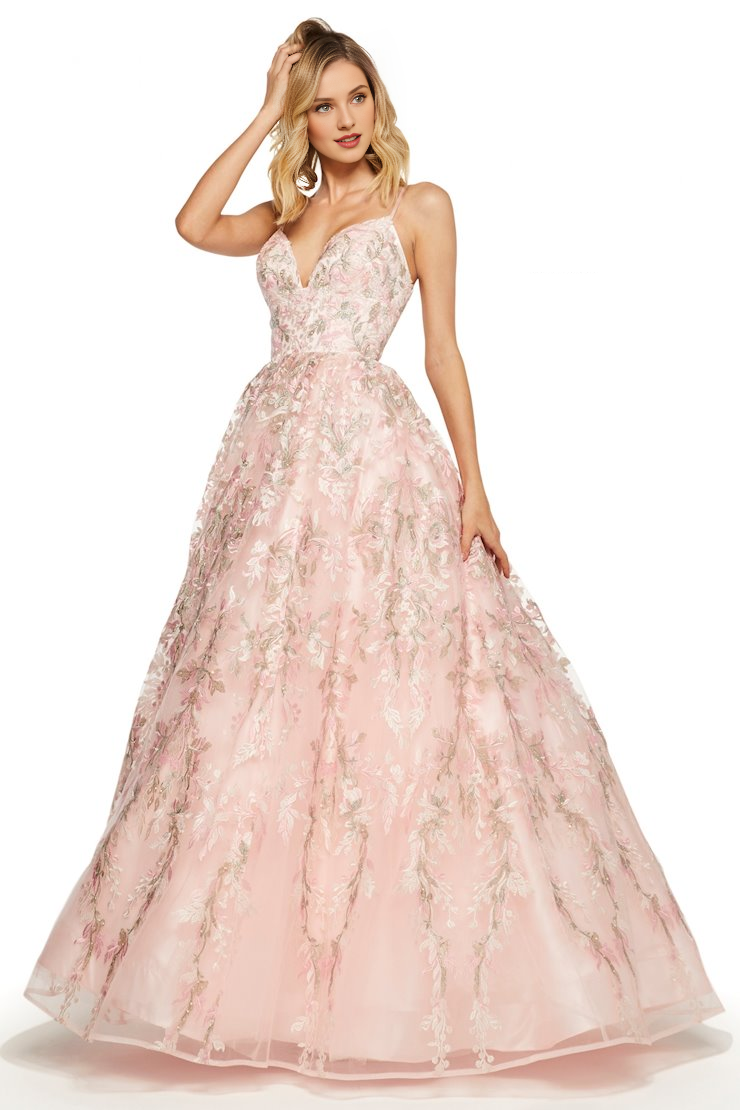 Abito da sera lungo fino al pavimento, con scollo a V, applicazioni in pizzo trasparente e spalline sottili 