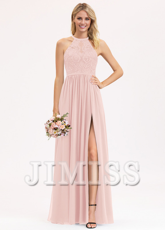 Abito da damigella d'onore in chiffon e pizzo, a trapezio, con scollo a barchetta e lunghezza al pavimento