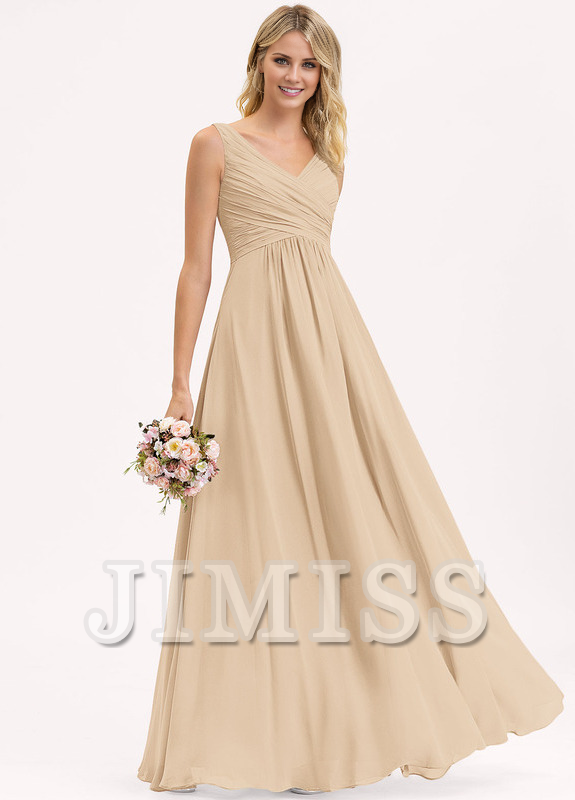 Dusty Rose Chiffon V-Neck A-Line Bridesmaid Dress with Ruched Bodice