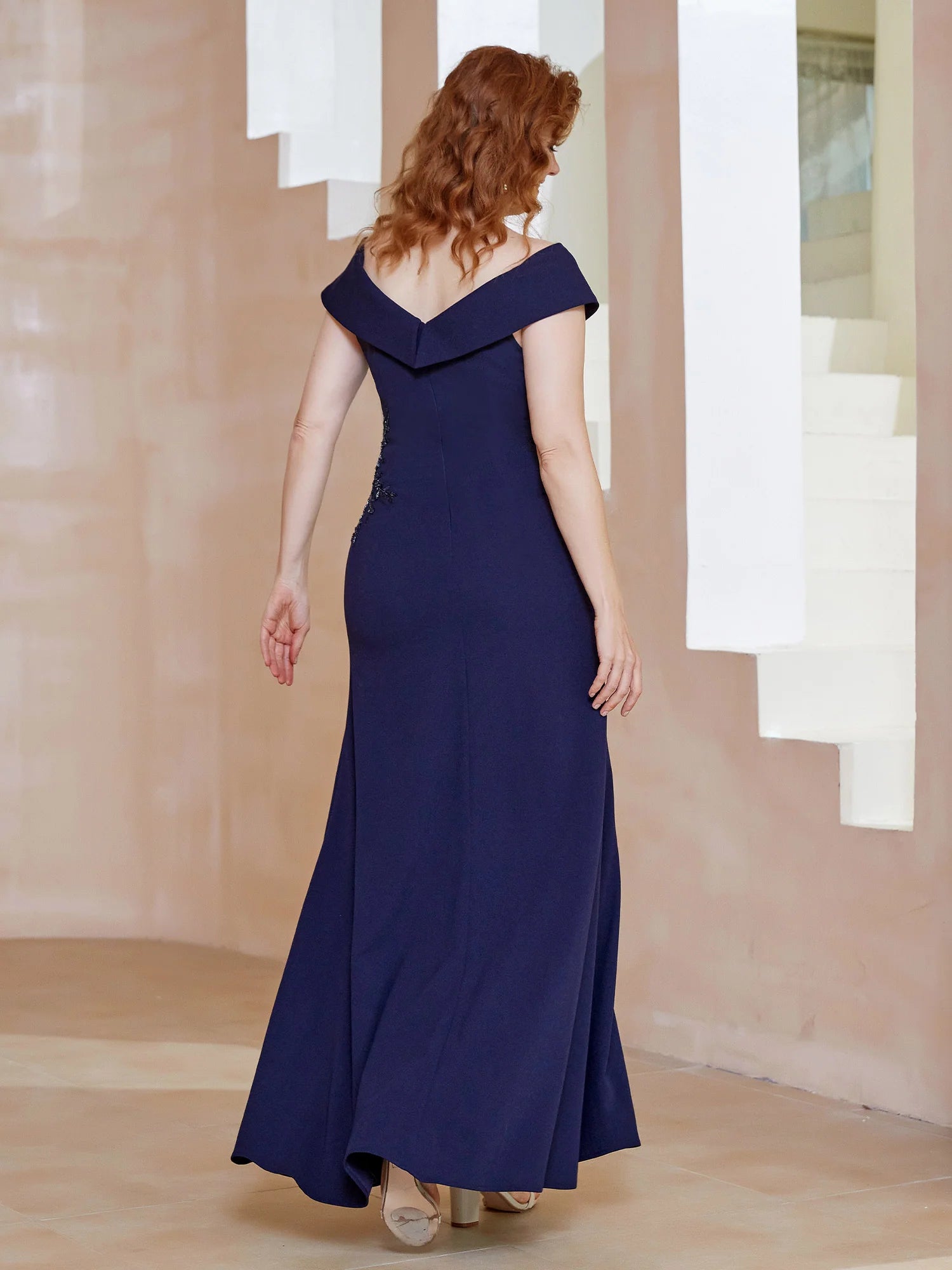 Dark Navy Off-the-Shoulder Sheath/column Floor-Length Evening Dress