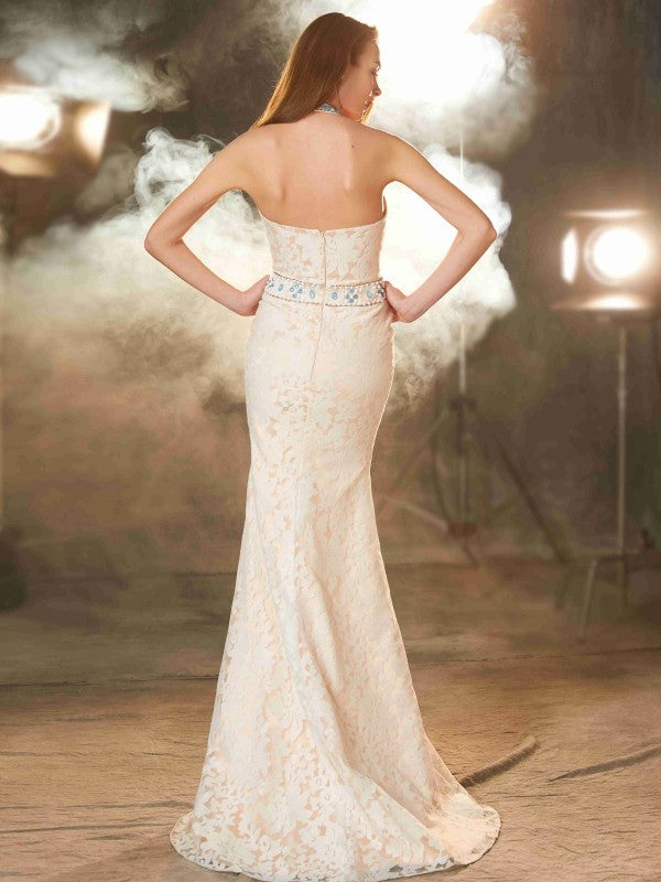 Abiti in raso di pizzo senza maniche, a tubino/colonna, lunghi fino a terra