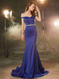 Royal Blue Satin Off-the-Shoulder Sweetheart Mermaid Evening Gown
