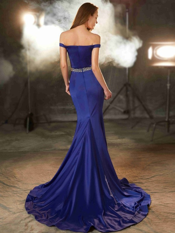 Trumpet/Mermaid Off-the-Shoulder Sleeveless Crystal Sweep/Brush Train Satin Dresses
