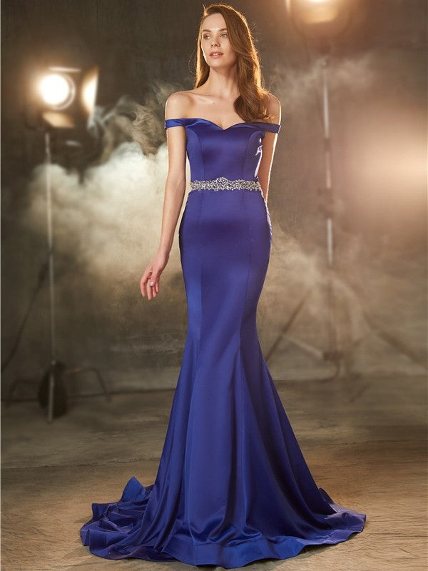 Royal Blue Satin Off-the-Shoulder Sweetheart Mermaid Evening Gown