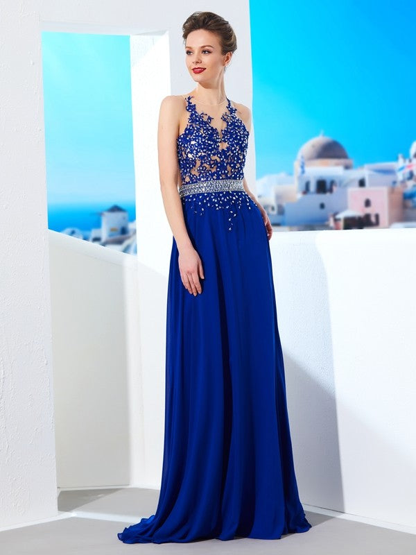 Royal Blue Chiffon A-Line Floor-Length Dress with Halter neckline and Backless