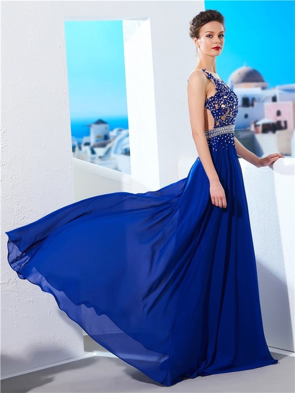 Royal Blue Chiffon A-Line Floor-Length Dress with Halter neckline and Backless