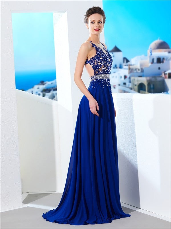Royal Blue Chiffon A-Line Floor-Length Dress with Halter neckline and Backless