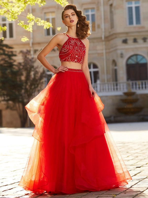 Red Tulle A-Line Floor-Length Evening Dress with Beaded Crop Top