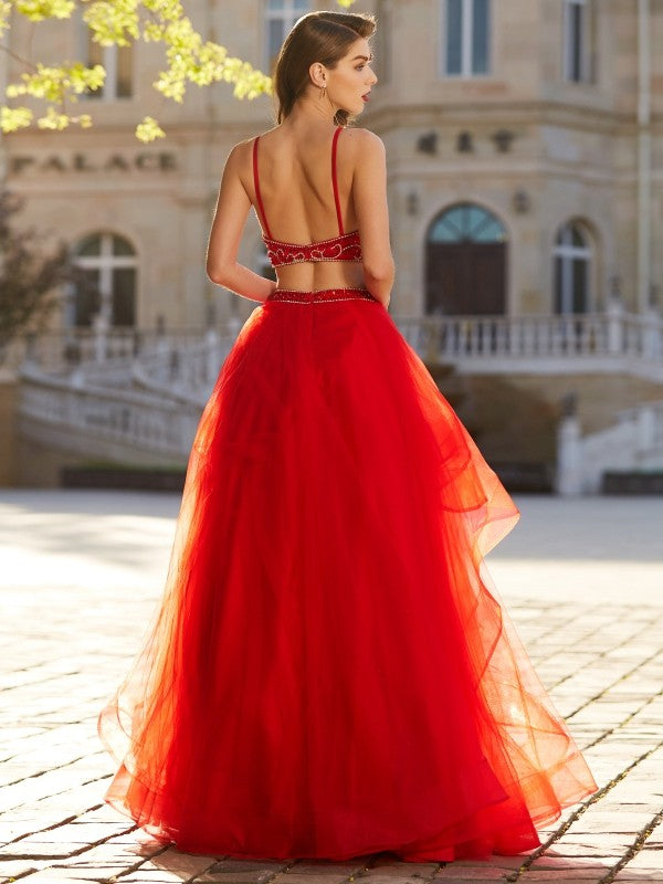 Red Tulle A-Line Floor-Length Evening Dress with Beaded Crop Top