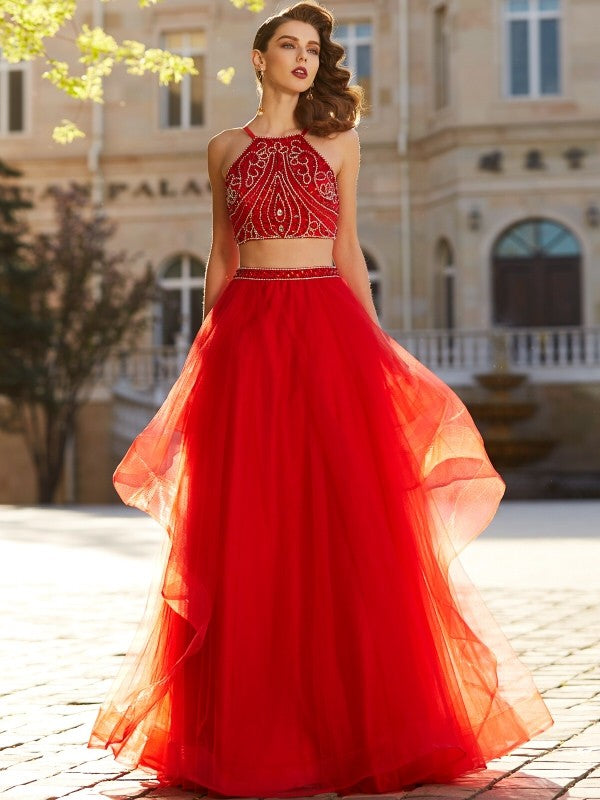 Red Tulle A-Line Floor-Length Evening Dress with Beaded Crop Top