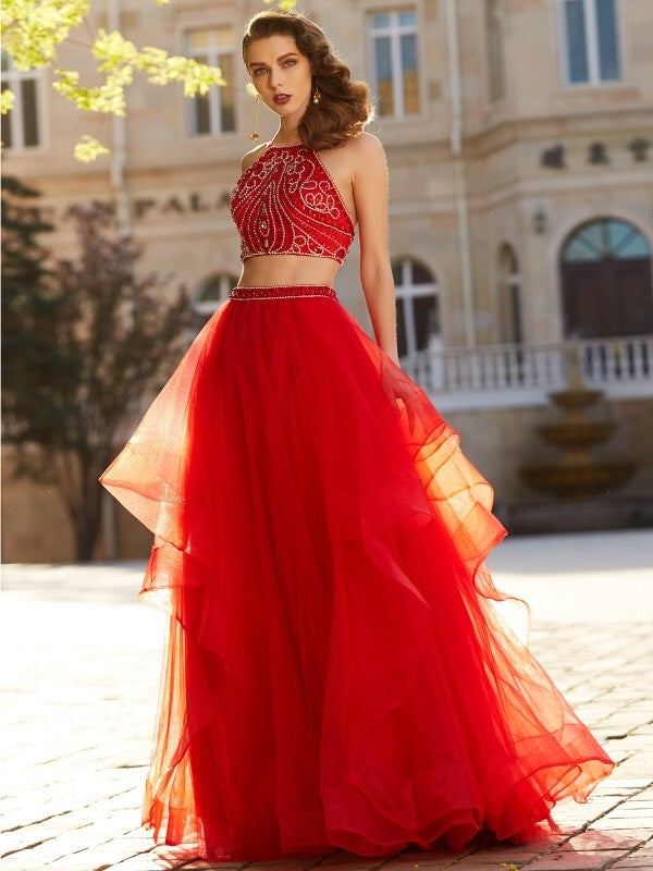 Vestido de dos piezas de tul con cuentas, sin mangas, corte princesa, tirantes finos y largo hasta el suelo