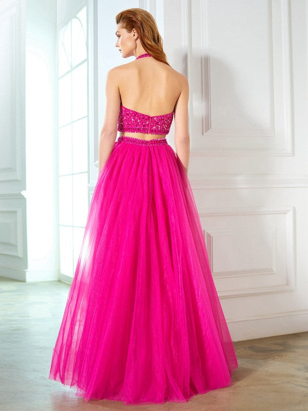 Pink Tulle A-Line Floor-Length Evening Dress with Sequin Embellished Crop Top and Multi-Layered Tulle Skirt