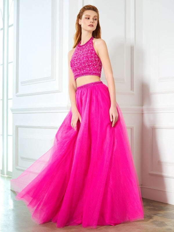 Pink Tulle A-Line Floor-Length Evening Dress with Sequin Embellished Crop Top and Multi-Layered Tulle Skirt