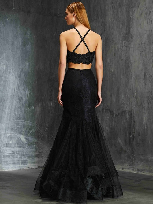 Black Lace Two-Piece Mermaid Gown with Halter Neckline