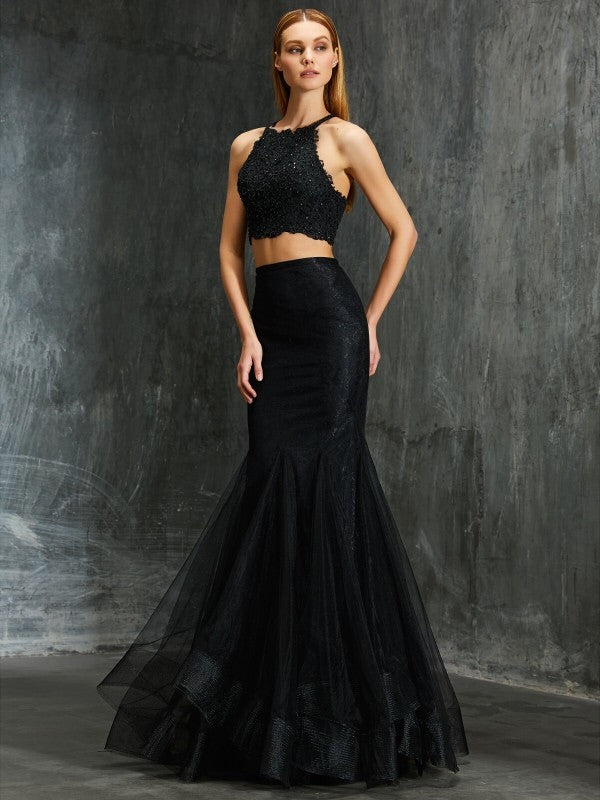 Abiti a due pezzi a tromba/sirena, senza maniche, con spalline sottili e applicazioni, lunghi fino a terra